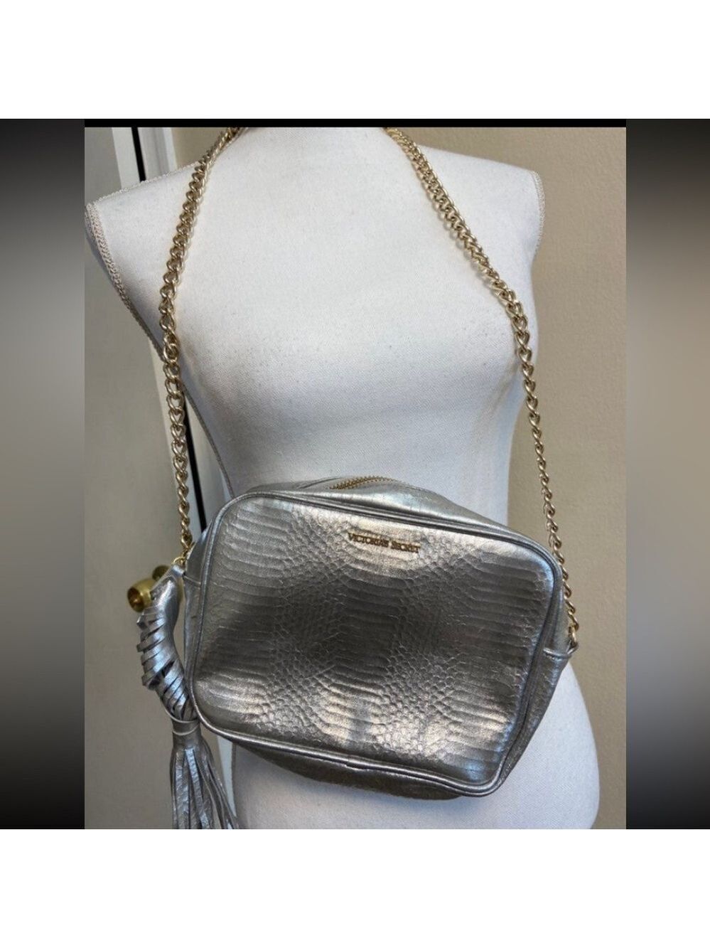 Victoria’s Secret Silver Metallic Textured Crossbody bag with Tassel